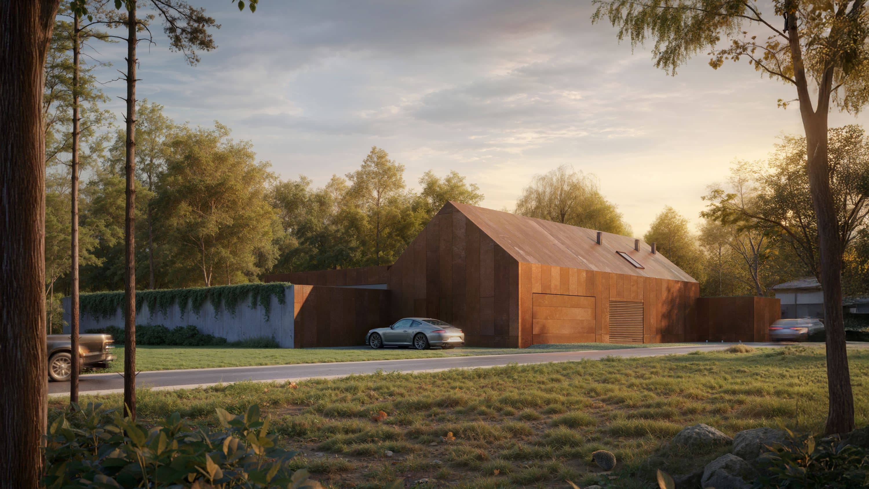 Tło - Wizualizacja architektoniczna domu w lesie
